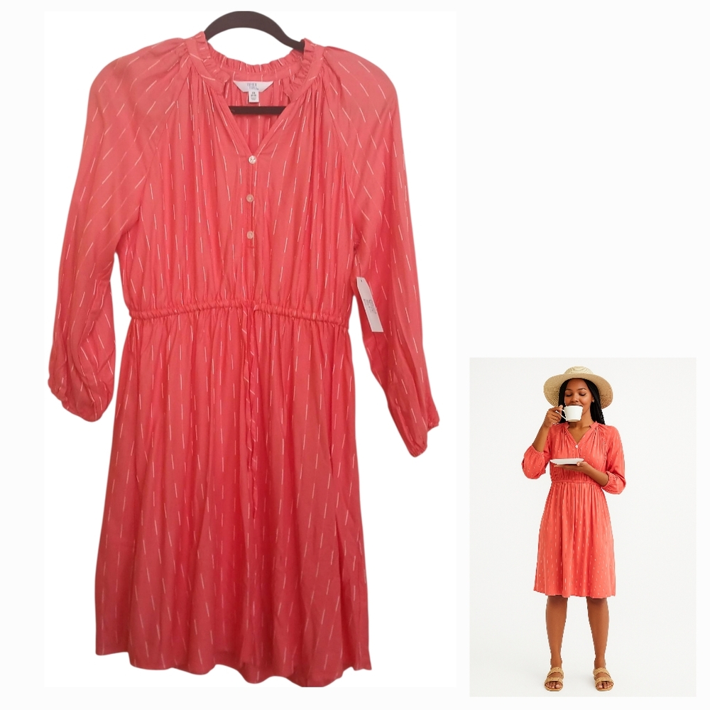 Time And Tru Women's Ruffle Neck Button-Down Dress- Coral- Size XS- NWT